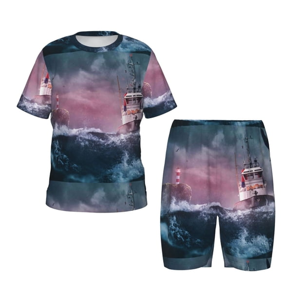 Balery Boat Lighthouse Storm Waves Conjunto de Pijama Infantil de Manga Corta con Estampado – Ropa de Dormir de Algodón Suave-Large