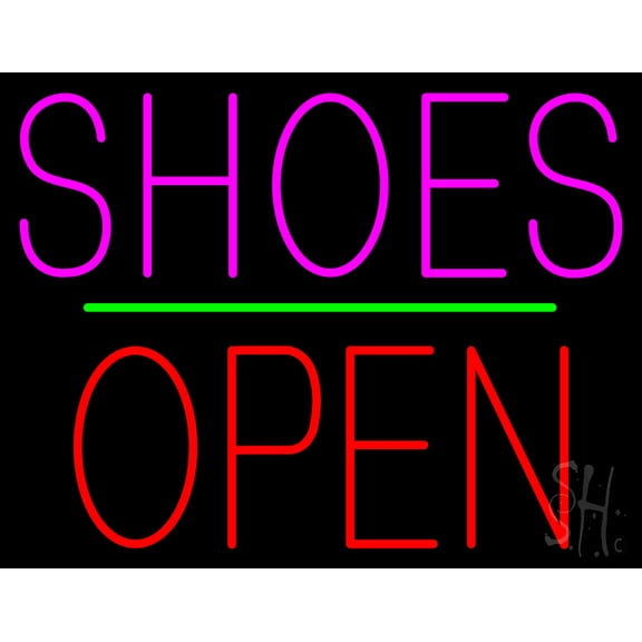 Shoes Open Block Green Line LED Neon Sign 15 x 19 - inches, Black Square Cut Acrylic Backing, with Dimmer - Bright and Premium built indoor LED Neon Sign for store interior Décor, Storefront.