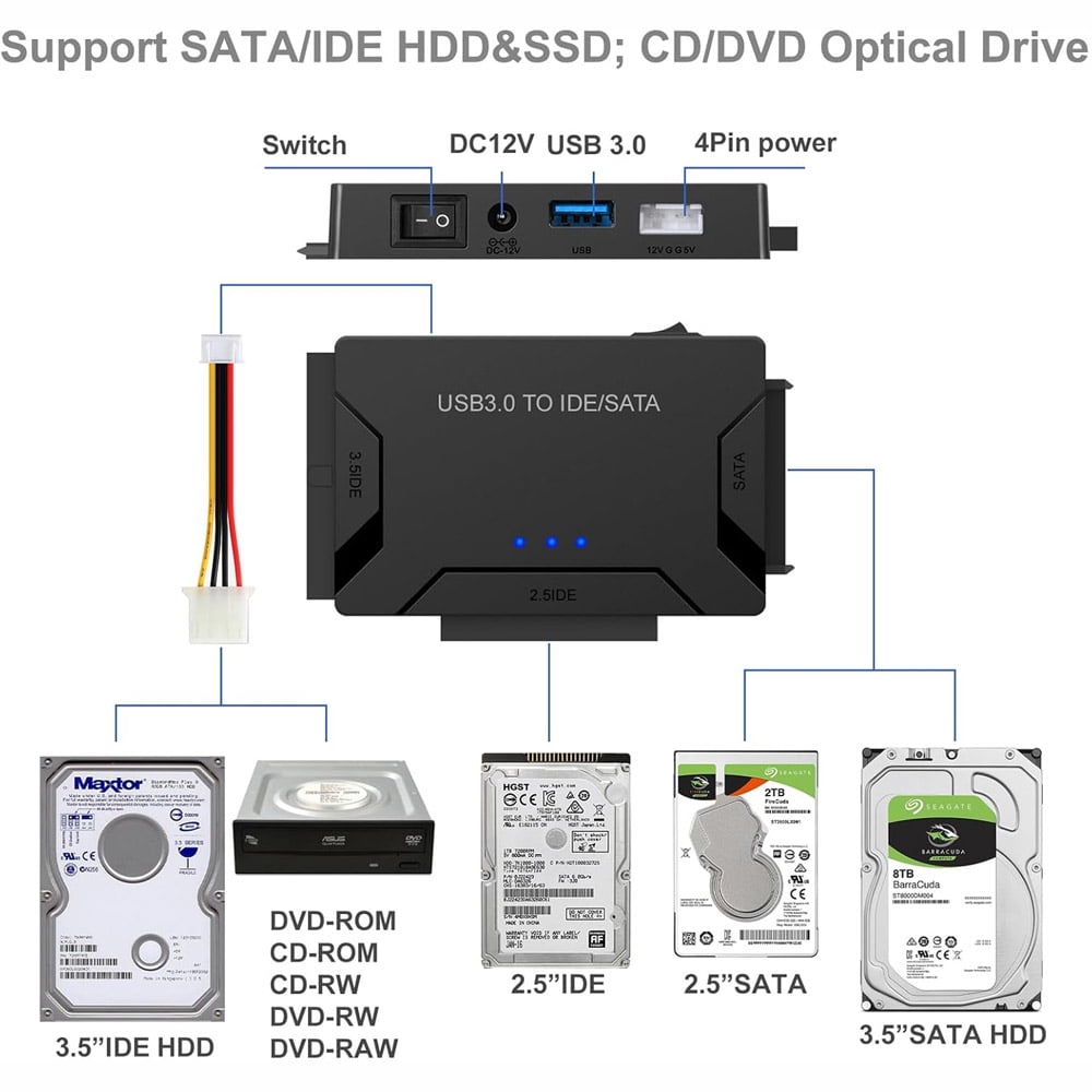 USB 3.0 to IDE SATA Converter Adapter Kit for 2.5″ & 3.5″ HDD SSD Hard Drives with Power Supply, Switch Function, Data Transfer Cable for PC Laptop Desktop Universal