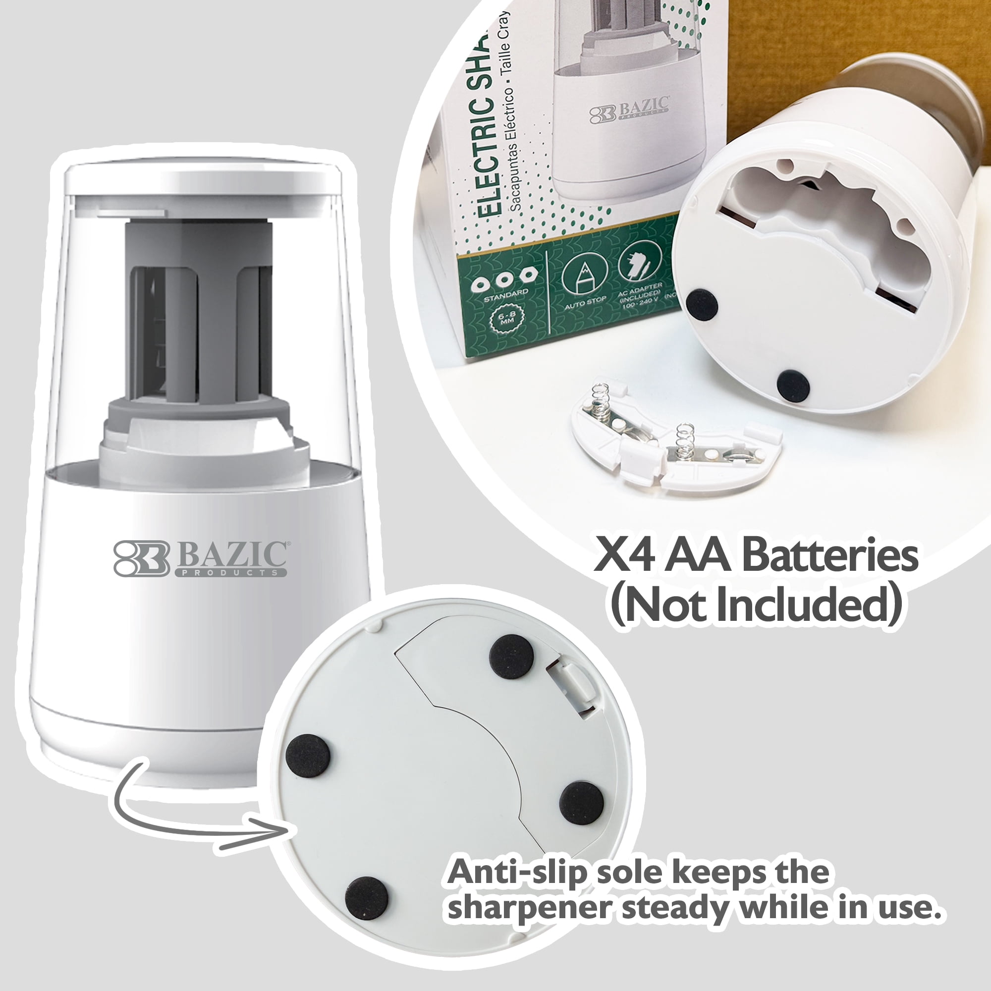 BAZIC Products Electric Pencil Sharpener, Auto Stop for No.2/Colored Pencils (6-8mm), AC Adapter/Battery Powered