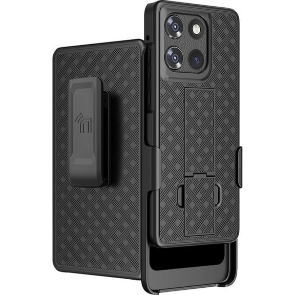Case with Clip for Motorola Moto G Stylus 5G (2025), Nakedcellphone Slim Hard Shell Phone Cover with Kickstand and [Rotating/Ratchet] Belt Hip Holster Combo - Black