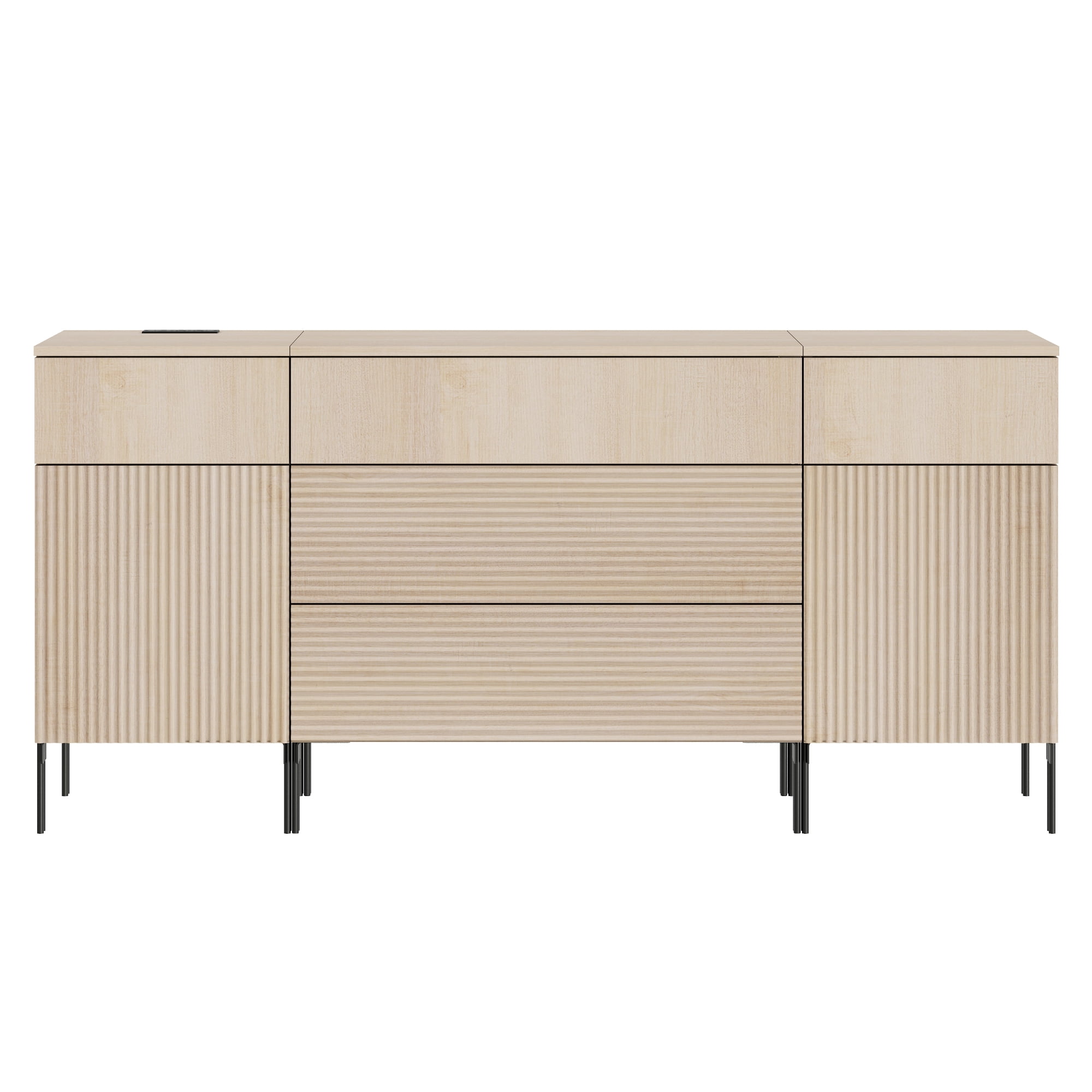 WAMPAT 63" 5 Drawer Dresser with Charging Station, Modern Fluted Wood Dresser with 2 Door Storage Cabinets, Push-to-Open Organizer for Bedroom, Living Room, Entryway