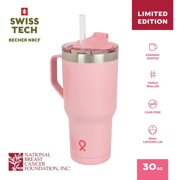 Swiss Tech Insulated Tumbler with Leakproof Locking Lid, Ceramic Coated, 30 oz, Breast Cancer Awareness, Triple Walled, Pink