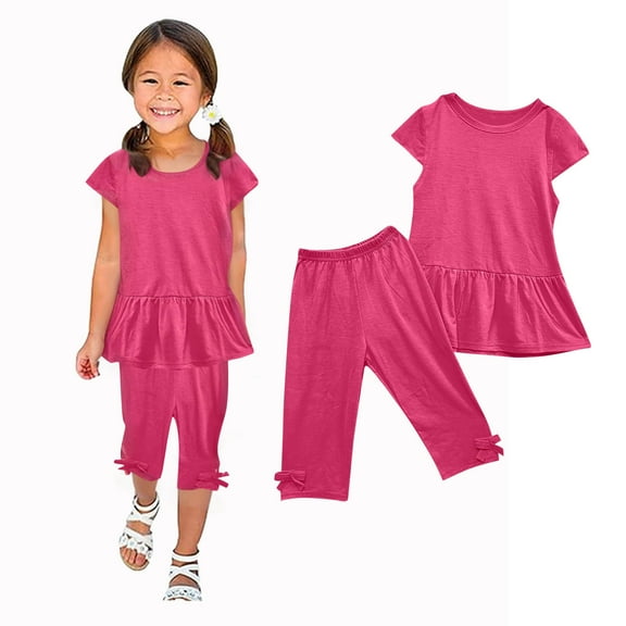 Nrmvnmi Girls' Casual Summer Set Solid Color Short Sleeve Shirt Swing Hem Tunic Top Elastic Waistband Capri Pants 2PCS Set Summer Suit