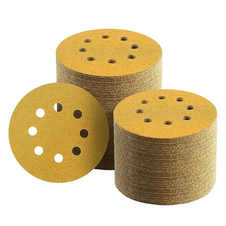 100 Pcs 5-Inch 8-Hole Hook and Loop Sanding Discs, 60/80/120/220/320 Assorted Grits Gold Sandpaper for Woodworking or Automotive 5 Inch Sanding Discs Gold Random Orbital Sander