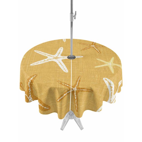 Outdoor Tablecloths with Umbrella Hole & Zipper, Vintage Ginger Yellow Starfish Round Tablecloths 60 Inch, Summer Coastal Beach Marine Waterproof Table Cloth, Patio/Pool/Picnic Table Covers