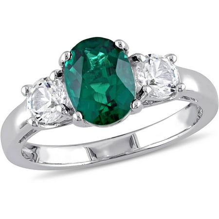 1-5/8 Carat T.G.W. Oval and Round-Cut Created Emerald and Created White Sapphire Sterling Silver 3-Stone Ring