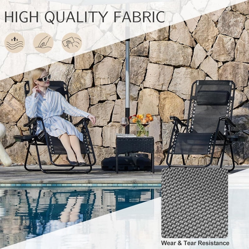 Kelno Recliner Chair 2 Pack Zero Gravity Adjustable Pillow Outdoor Portable Lounge Chair with Cup Holder Tray, Black