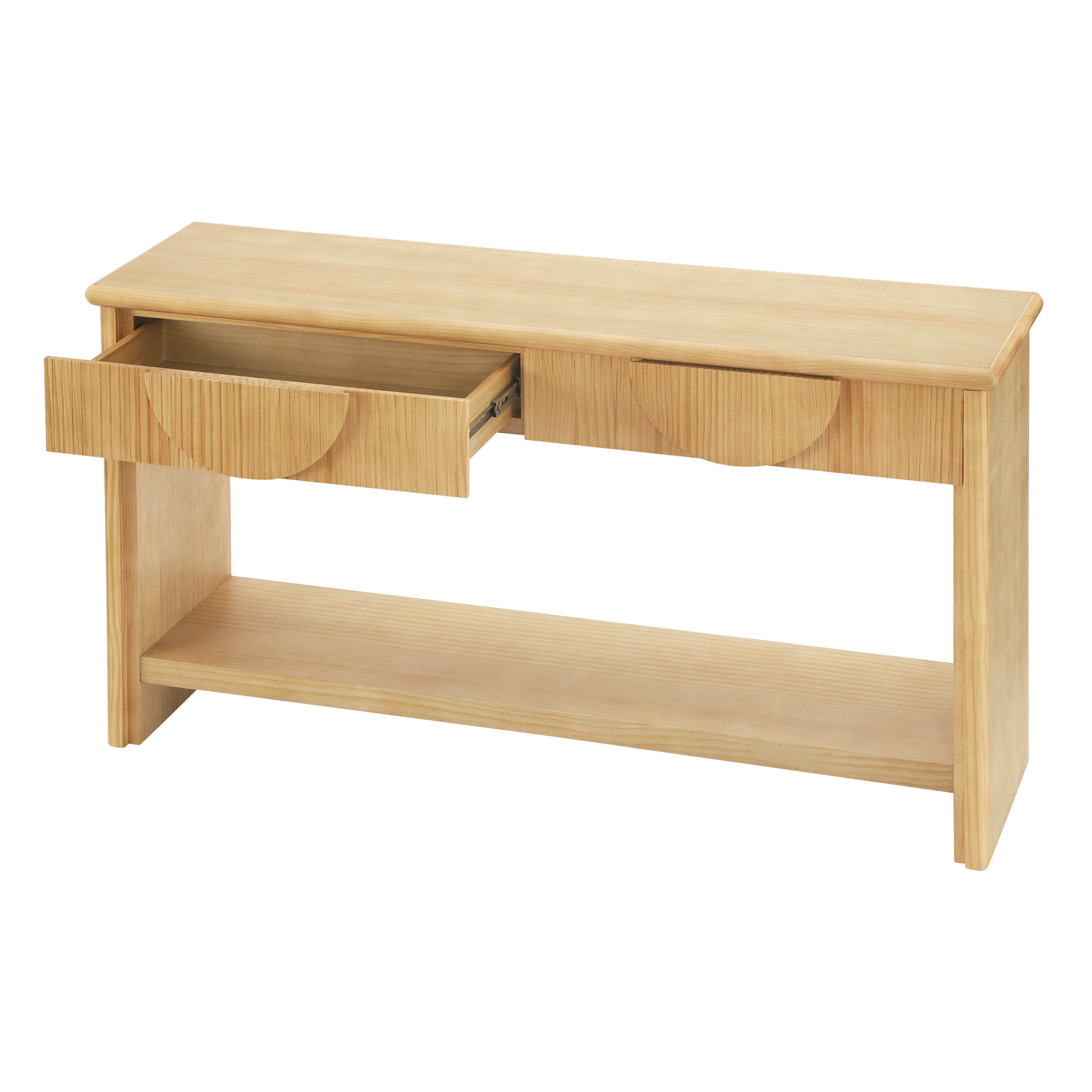 Mintazer 55" Console Table with 2 Soft Close Drawers, Modern Fluted Semi-Circular Drawer Entryway Table with Open Bottom Shelf, Rounded Edge Sofa Table for Hallway Living Room, Natural
