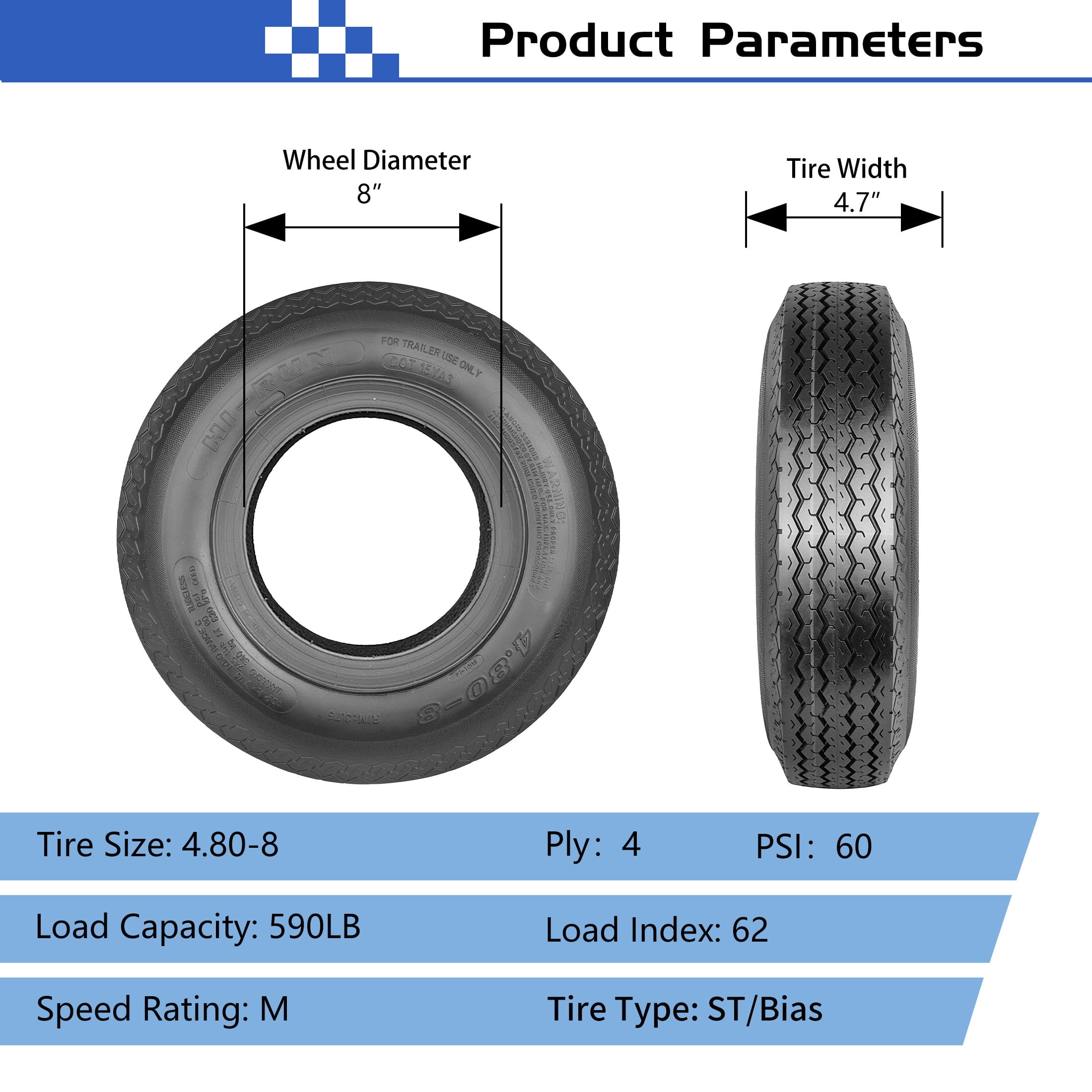 Hi-Run 2 Set SU01 4.80-8 4PR Boat Trailer Tire