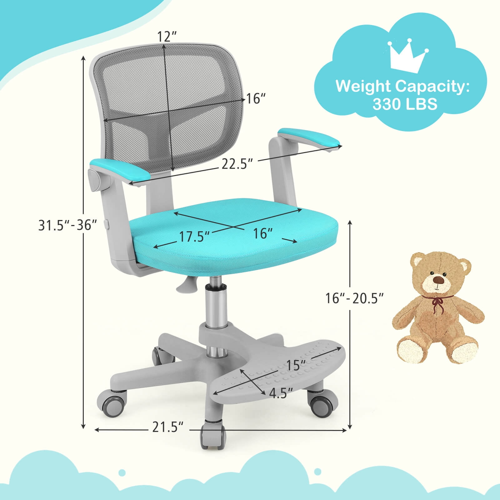 Costway Kids Desk Chair Children Study Chair with Adjustable Height, Armrest & Footrest Green