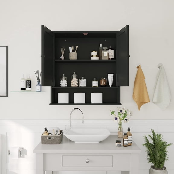 23.6x27.6 inch Farmhouse Medicine Cabinet with 2 Barn Doors, Bathroom Cabinet Wall Mount with Adjustable Shelf, Over The Toilet Storage for Bathroom, Living Room, Kitchen, Black