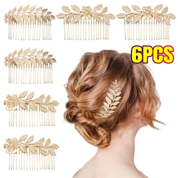 6PCS Leaf Hair Side Combs, Gold Rhinestone Hair Comb, Hair Side Comb Clips, Leaf Design Hair Accessories for Women, Bride, Bridesmaid