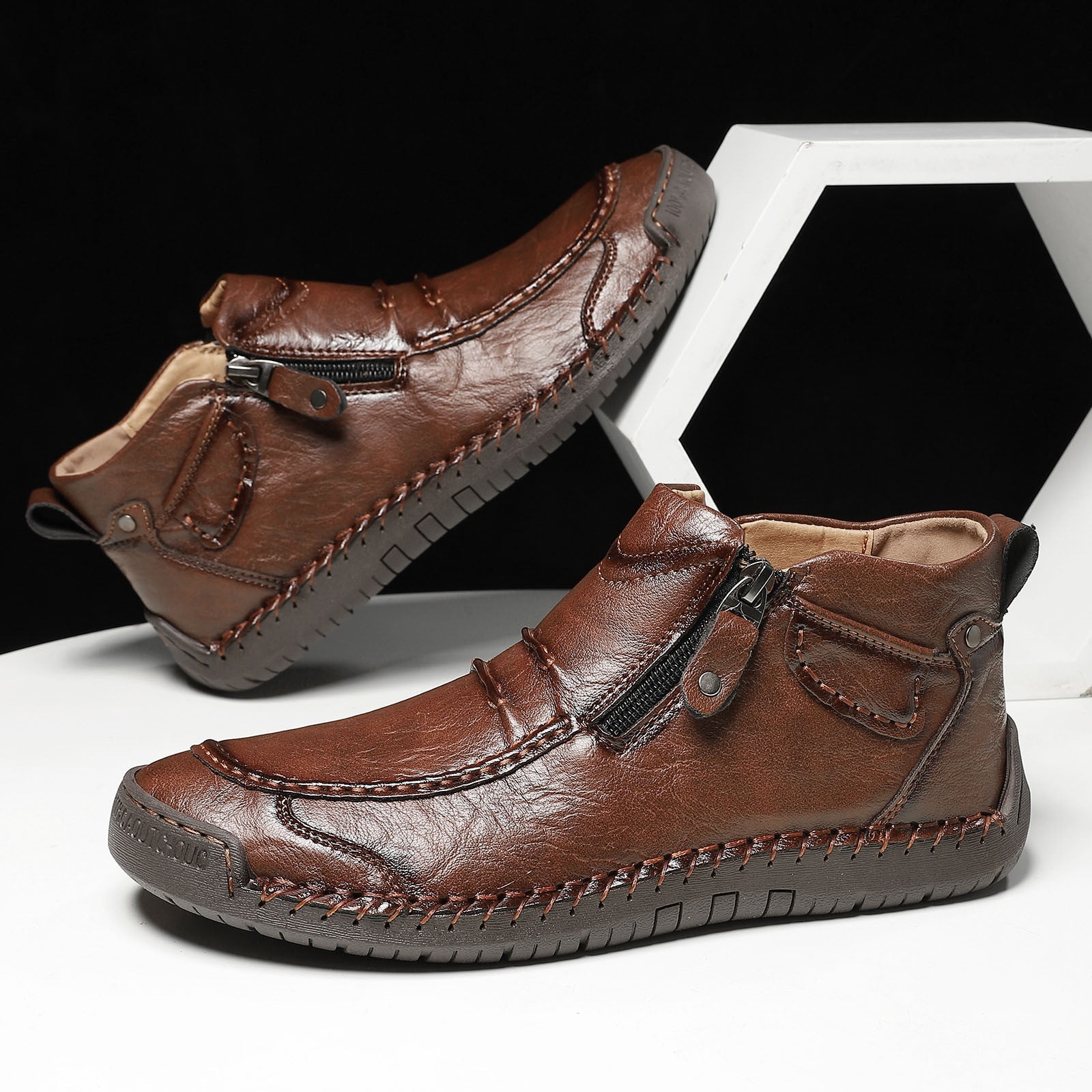 Menâs -On Orthopedic Leather Boots,Menâs Handmade Leather -On Driving Boots,Men Side Zipper Orthopedic Shoes for Driving Hiking