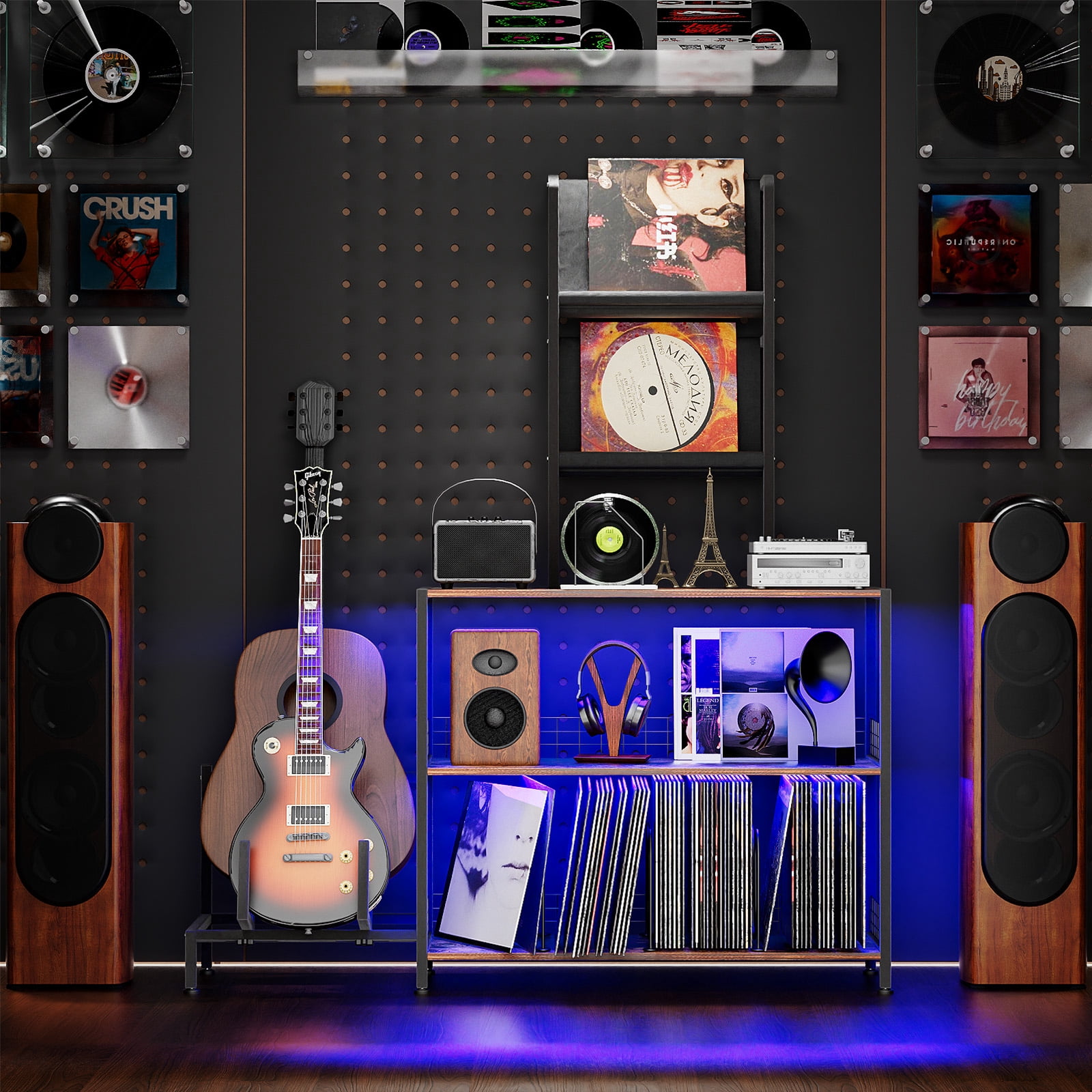 Vinyl Record Player Stand with Guitar Stand, Record Player Table with RGB LED Light, Record Player Cabinet with Vinyl Storage Holds up to 300+ Albums, Vinyl Player Stand for Home Use (Brown)