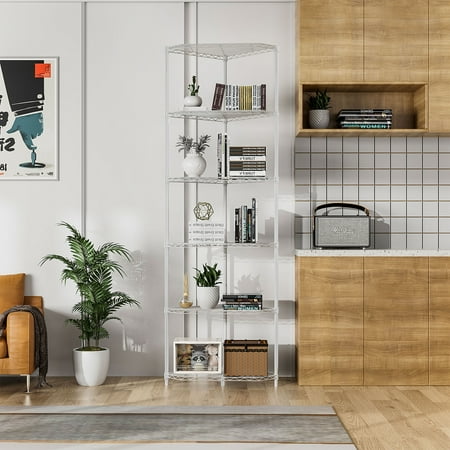 

Ufurpie 6 Tier 600LBS Pentagonal Corner Shelves Adjustable Metal Heavy Duty Storage Shelf Wire Shelving Unit for Living Room Bathroom Kitchen White