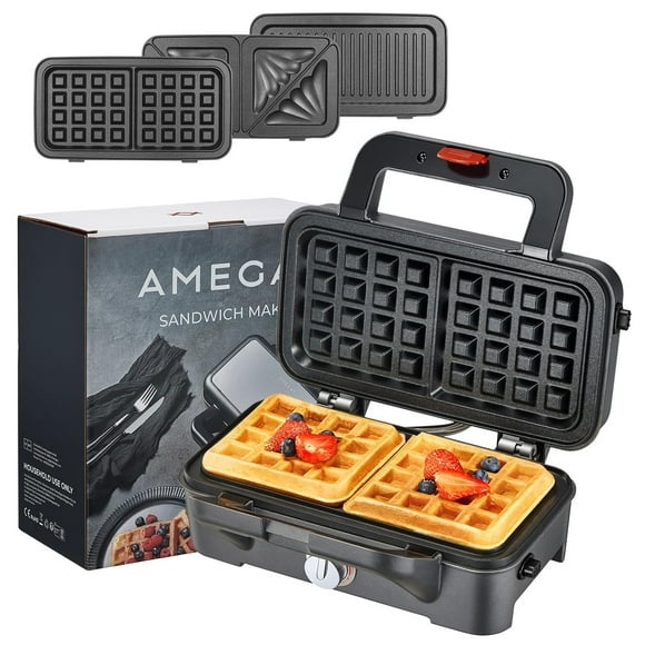 AMEGAT 3 in 1 Sandwich Maker, Waffle Maker with Removables Plates, Panini Press Waffle Iron Set with 5-gear Temperature Control, Non-stick Coating Cool Touch Handle Anti-