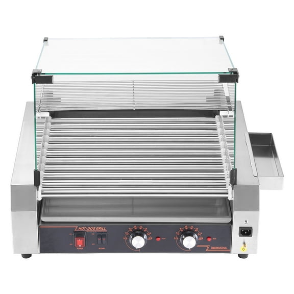 KFFKFF Sausage Roller, 30 Sausage 11 Rollers, Stainless Steel Hot Dog Grill Cooker, 1600W Professional Hot Dog Machine with Two-way Temp Regulation, Lid, Side Storage Compartment