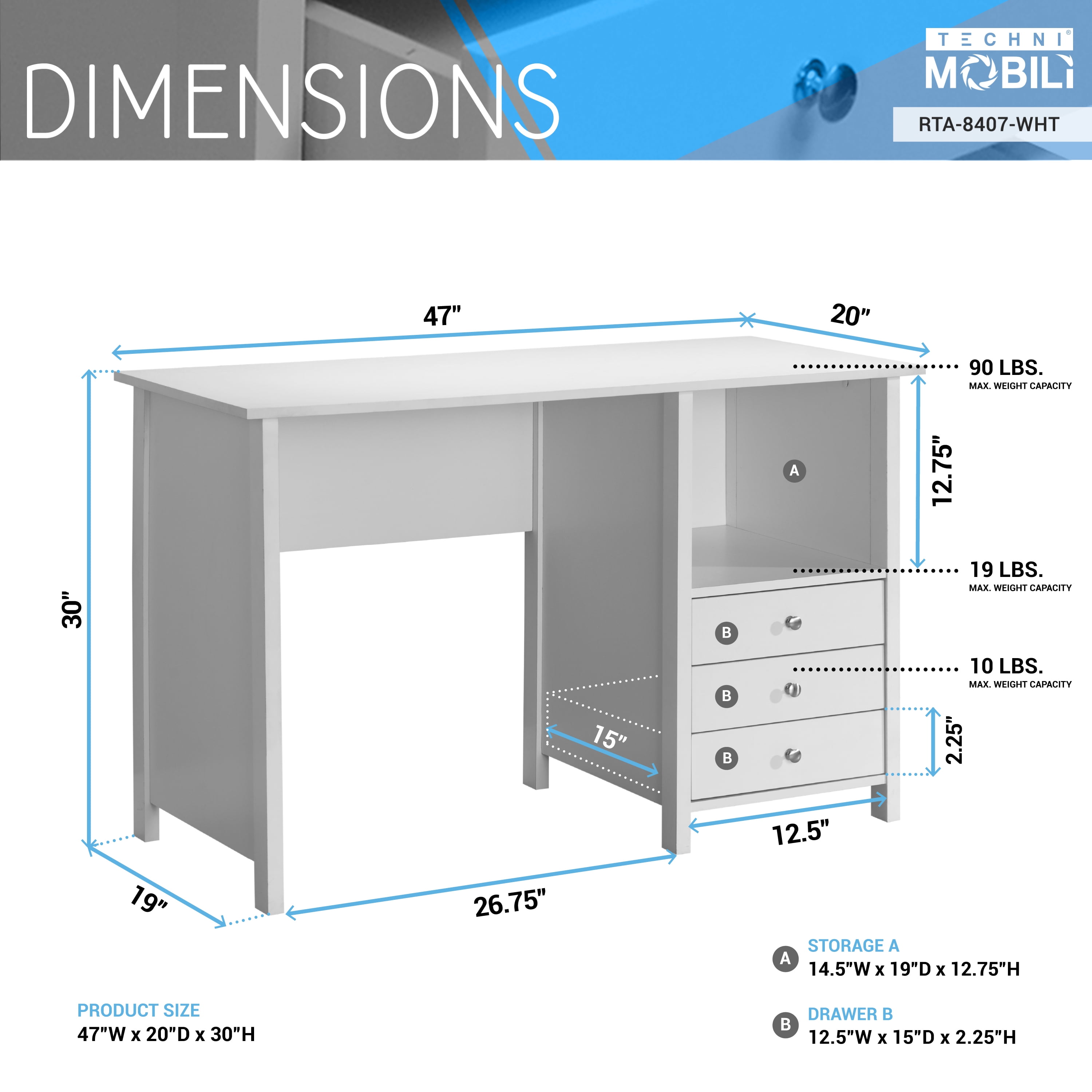 Techni Mobili Modern Adult Office Desk with Drawers and Storage, 51.25”W,  White/Gold 