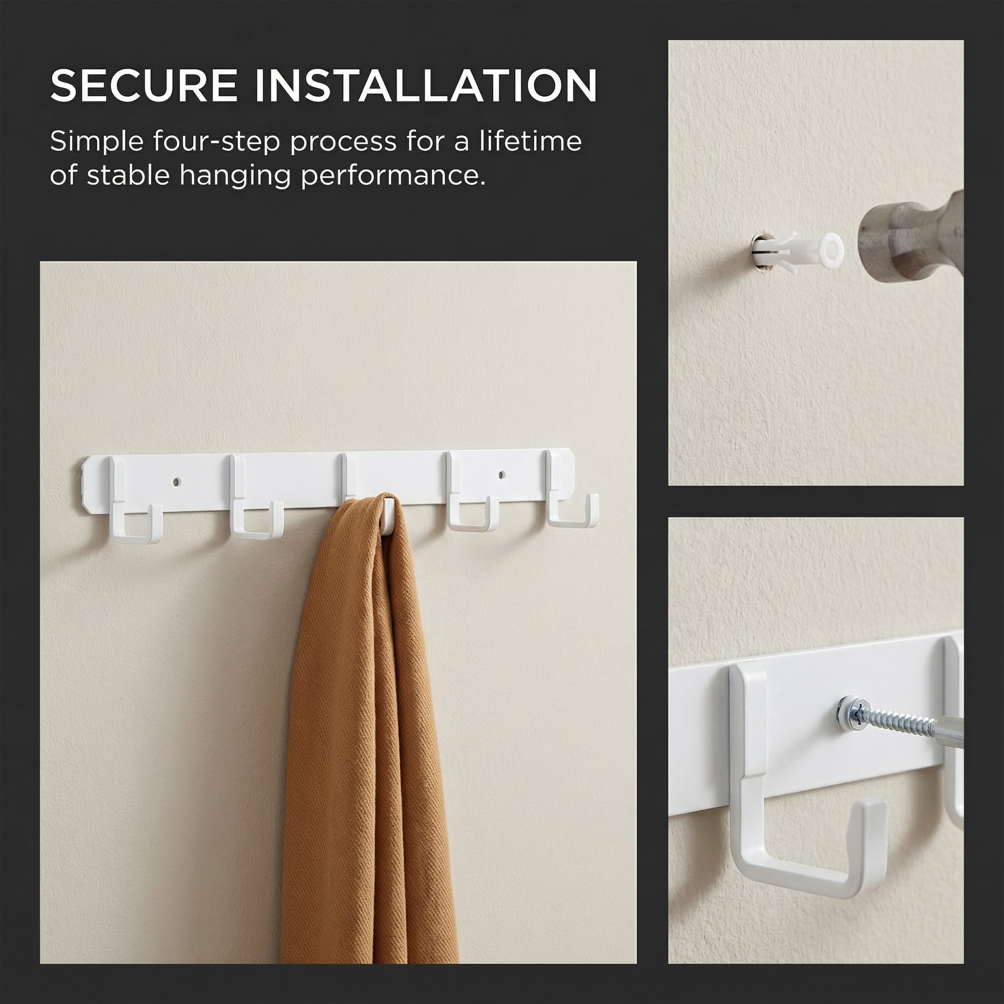 Unique Bargains Coat Rack Wall Mount Metal Wood 5 Hooks for Entryway Bathroom White