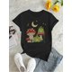 thumbnail image 2 of Camiseta de mujer de verano con Cuello RedondoWomen's Casual Geometric Print T-Shirt with Mushroom, Frog, and Moon Design - Polyester Knit Fabric, All-Season Comfort, Round Neck, Elasticity, Abstrac, 2 of 6