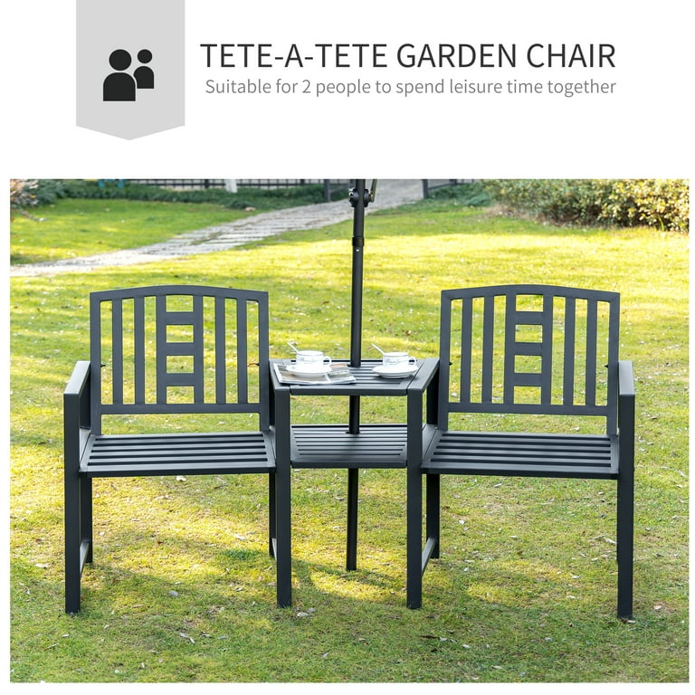 Outsunny Metal Garden Bench with Center Table and Umbrella Hole