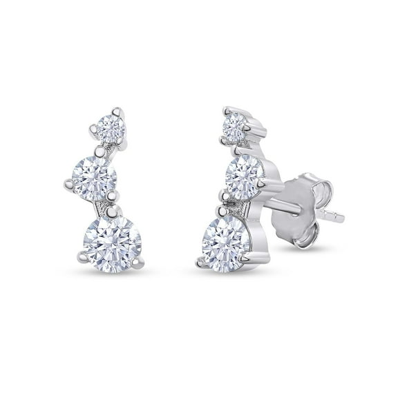 18k White Gold Plated Sterling Silver Post Ear Crawler Earrings 1.00 Carat (ctw) Moissanite Diamond 3-Stone Climber Earrings for Women | Trendy Jewelry Gifts For Her Push Back Earrings