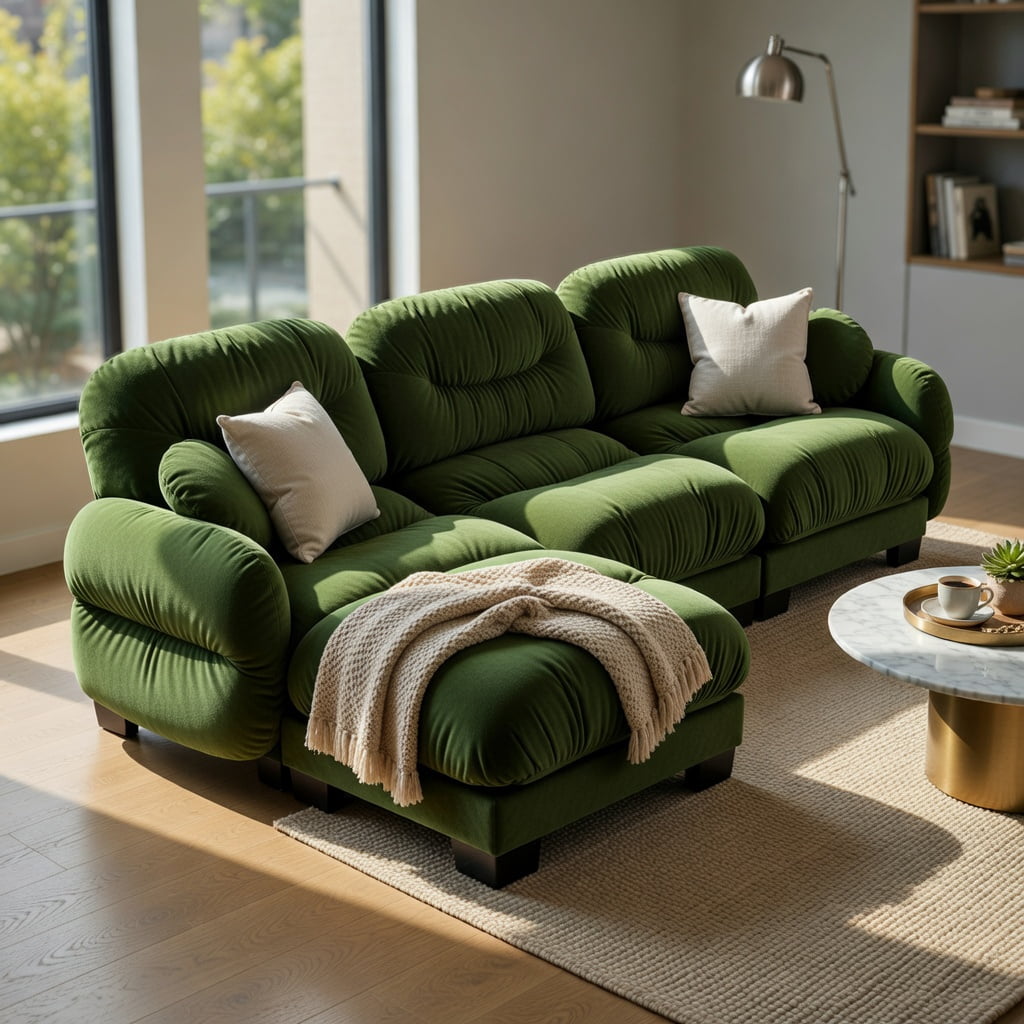 Hommoo Chenille L-Shaped Modular Sectional Sofa with Ottoman, 3-Seat Pleated Design & Ergonomic Foam Cushions, Includes 2 Round Throw Pillows, Green