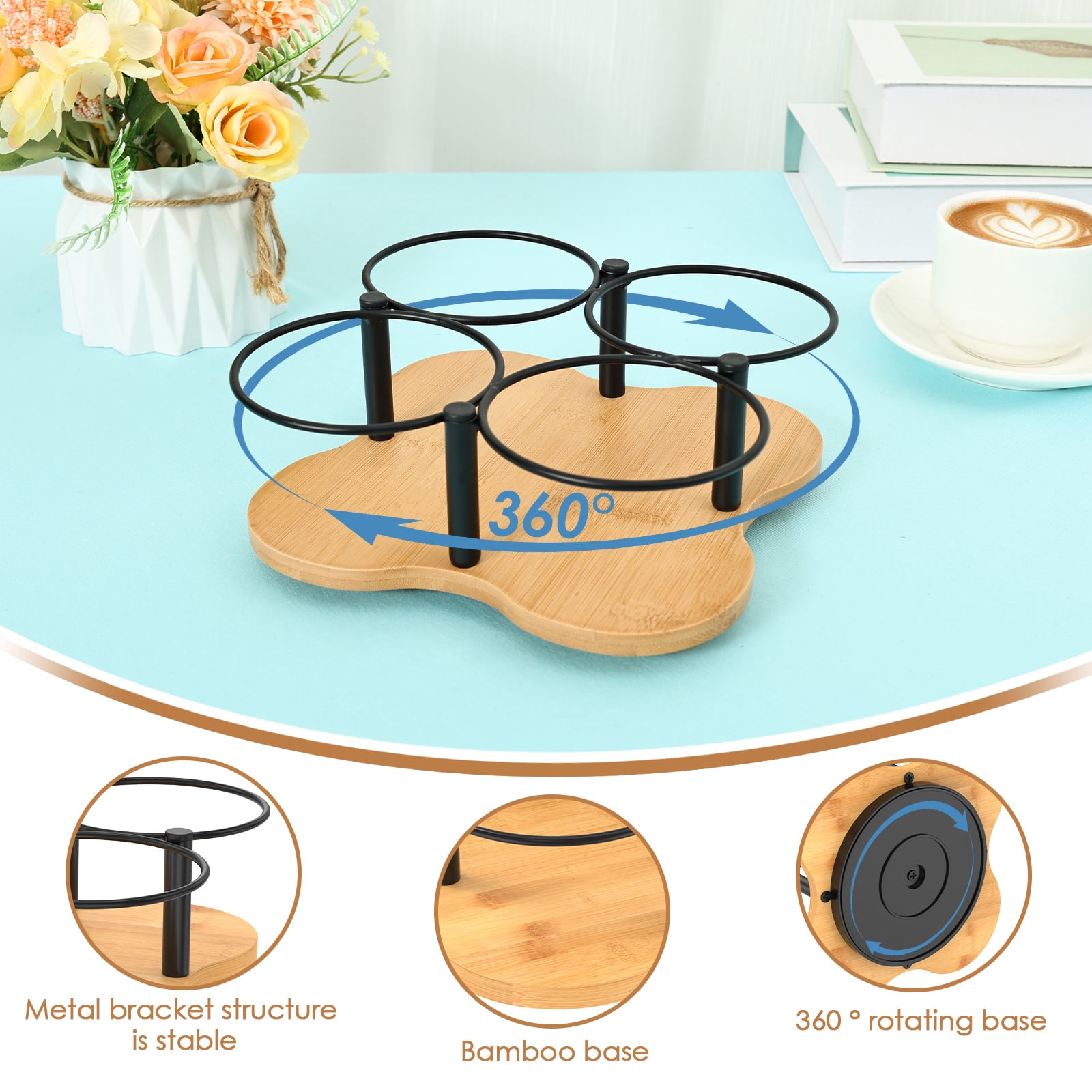 Rotating Coffee Syrup Organizer Wood and Metal 16.9oz Syrup Bottle Holder for Countertop Coffee Bar Accessories with 4 Separate Slots