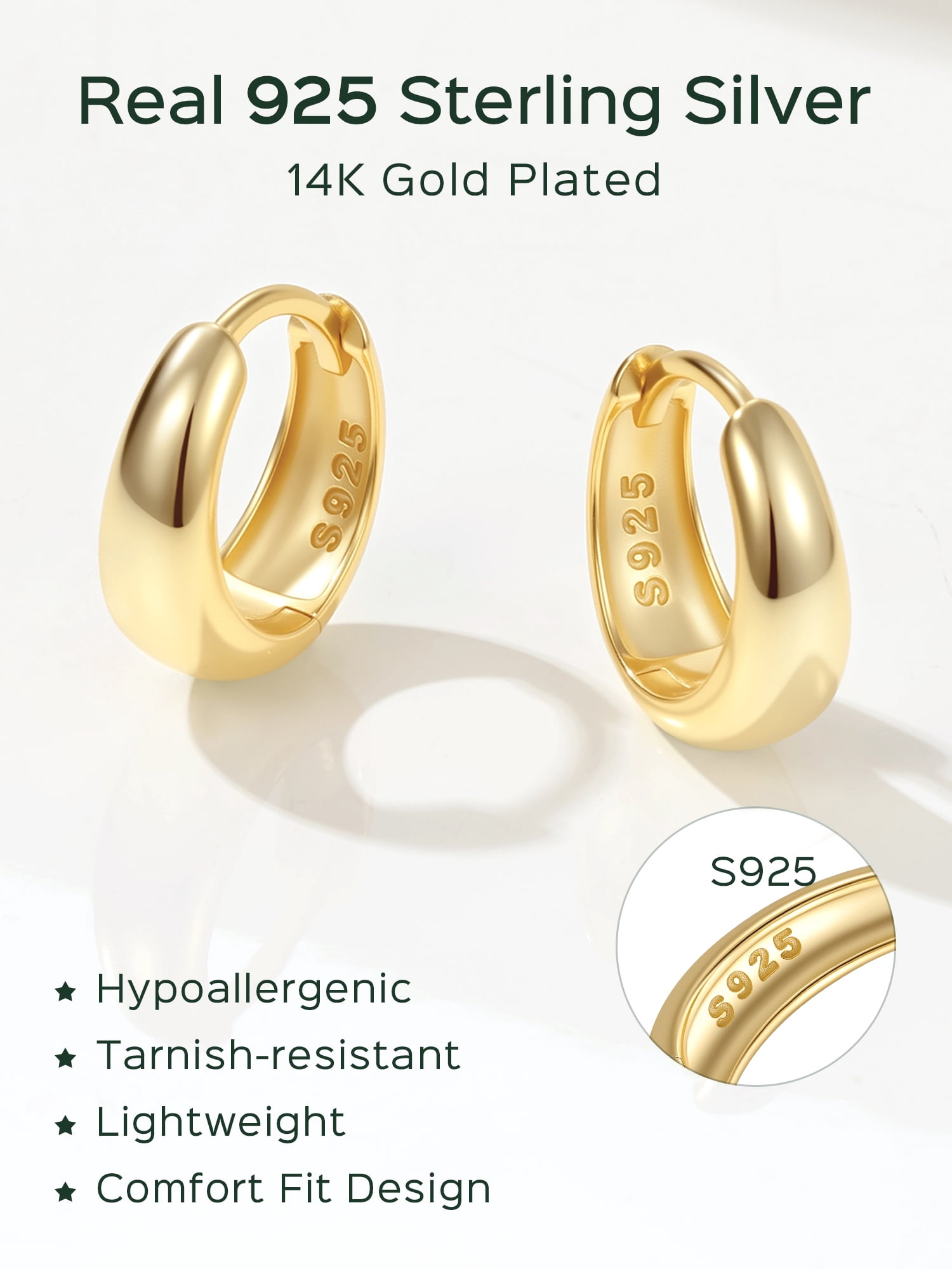 ChicSilver Solid 925 Sterling Silver Earrings Small Chunky Silver Earrings for Women 14K Gold Plated Small Hoop Earrings Silver Hypoallergenic Earrings Small Thick Huggie Hoops Earrings