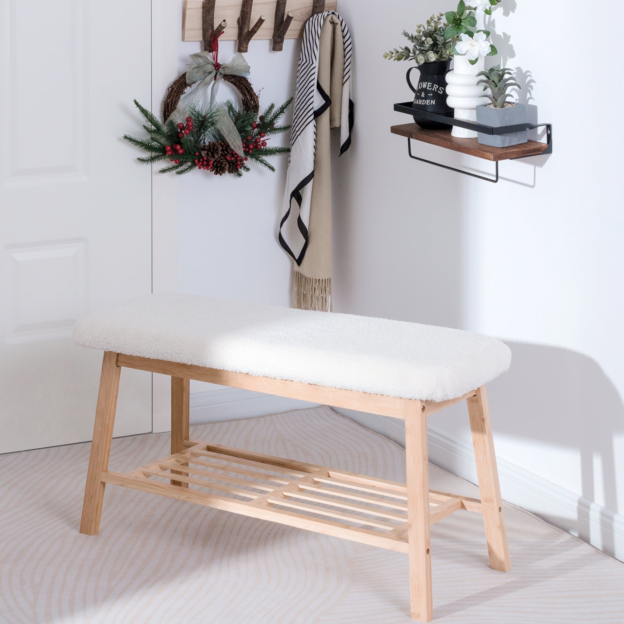 Tufted Fabric Bench Ottoman Bench, White