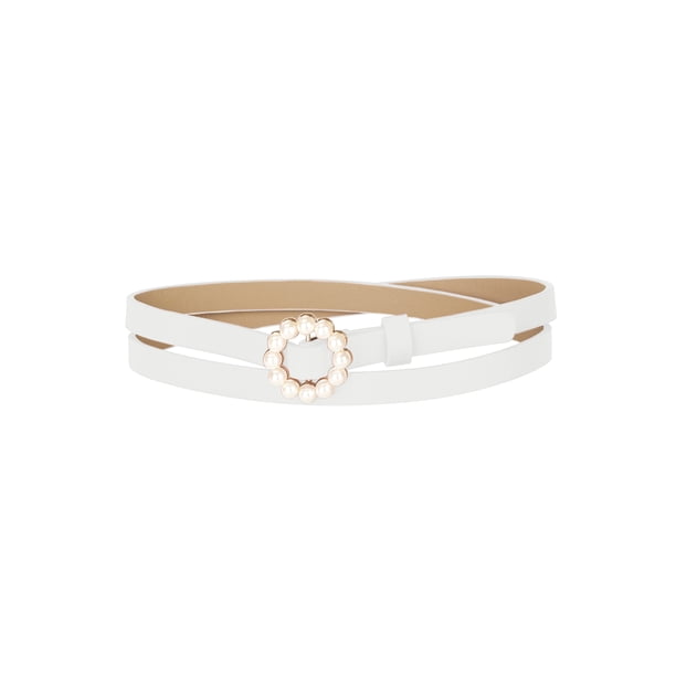 Cinturones de cintura para mujeres de talla grande INSPIRE CHIC, cinturón de cuero ajustable estrecho con perlas para jeans, vestidos y pantalones, 105 cm/41.33" blanco