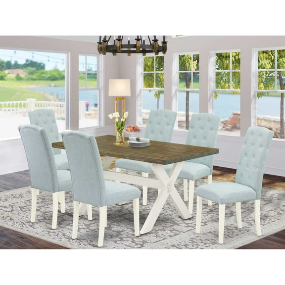 East West Furniture X-Style 7-piece Wood Dining Room Set in White/Baby Blue
