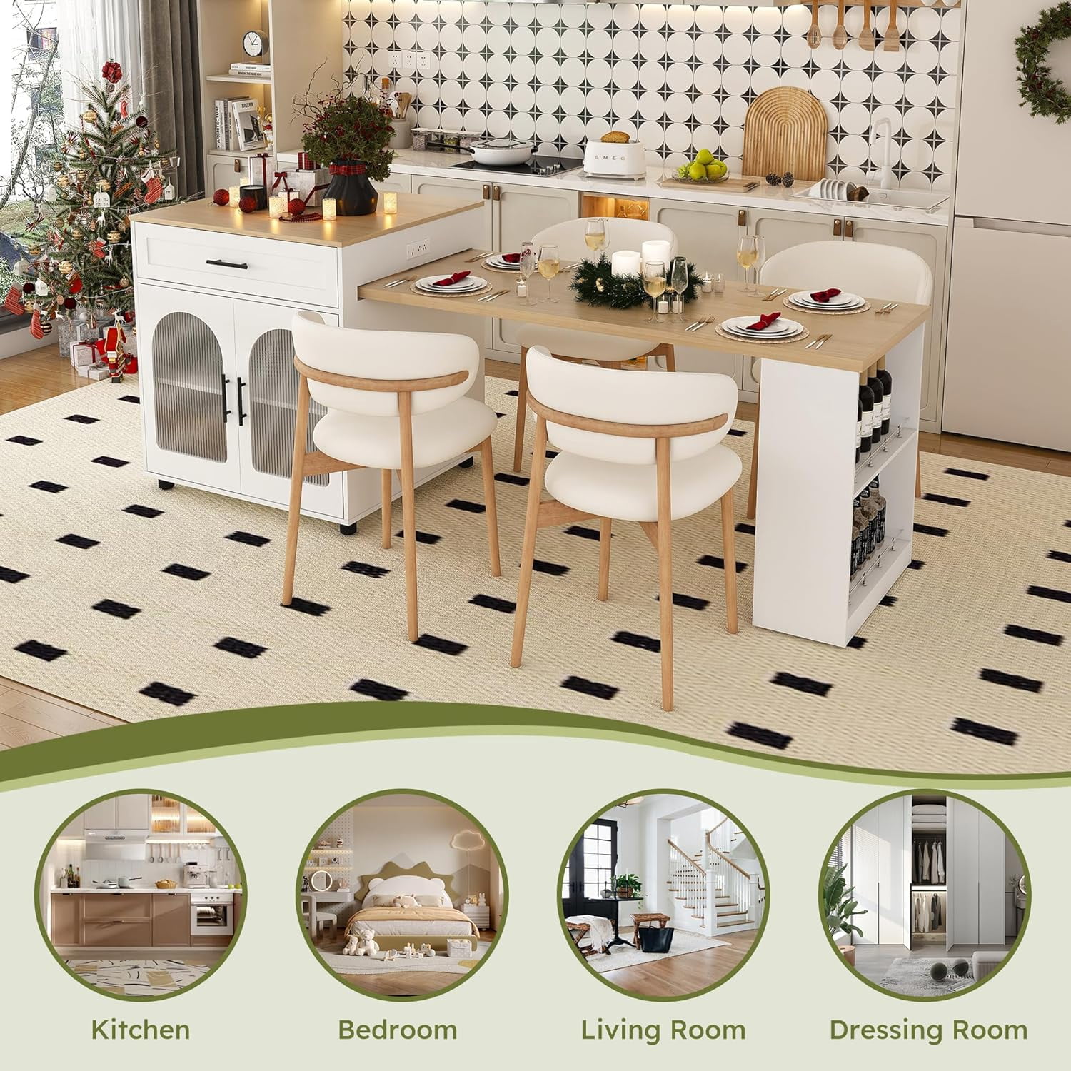 Montary 80" Expandable Kitchen Island with Extendable Table - Solid Wood Grain Countertop with Power Outlet & USB Ports, Mobile Cart with Double-Side Storage, Cabinet & Drawers (White)