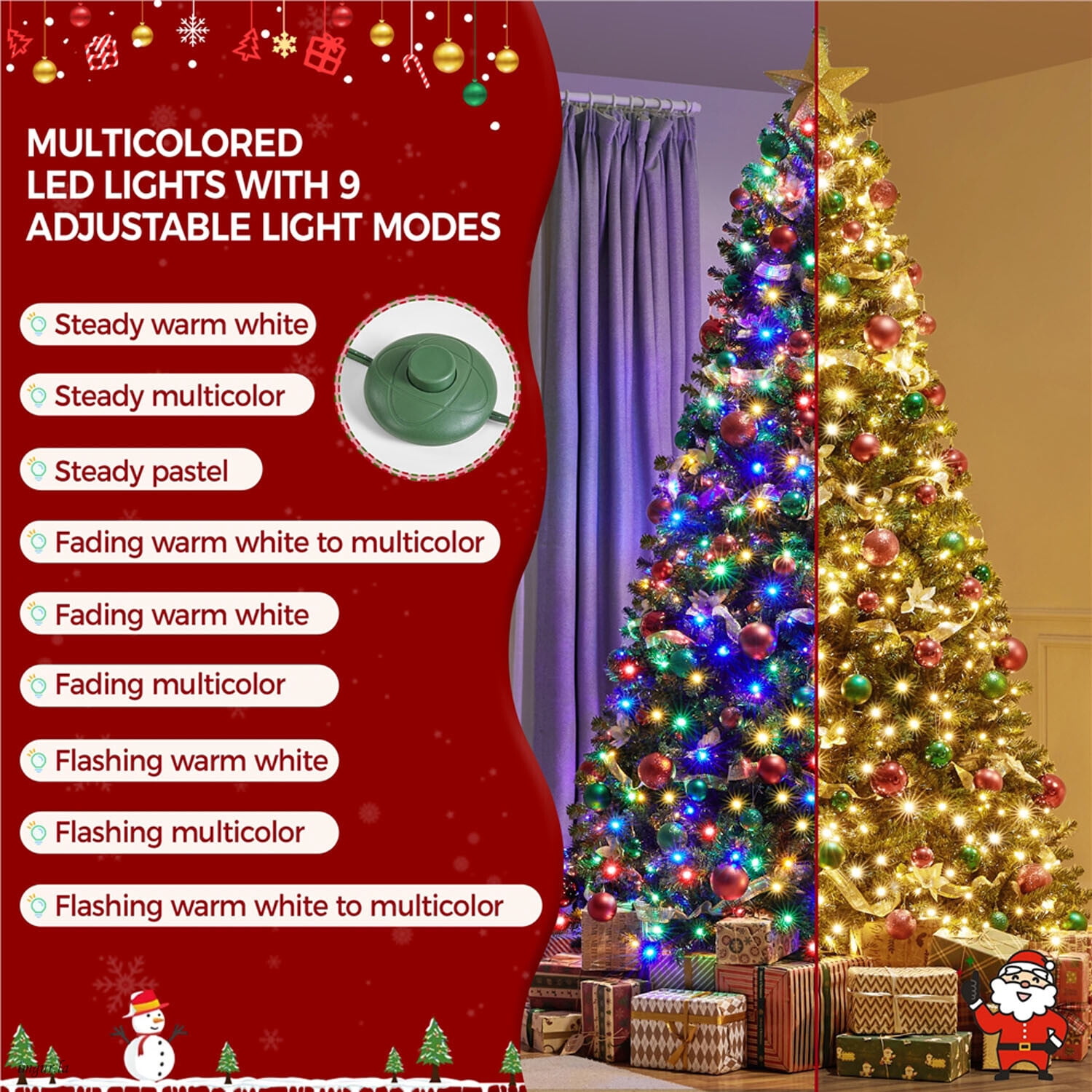 Alden Design 9FT Pre-lit Artificial Christmas Tree with Foldable Stand and Multicolored LED Lights, Green