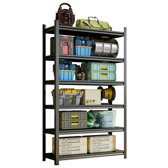 Lisonu 6-Tier Heavy-Duty Garage Shelving, 2400 lbs Capacity Metal Storage Rack with Adjustable Shelves for Basement or Workshop, Black Steel