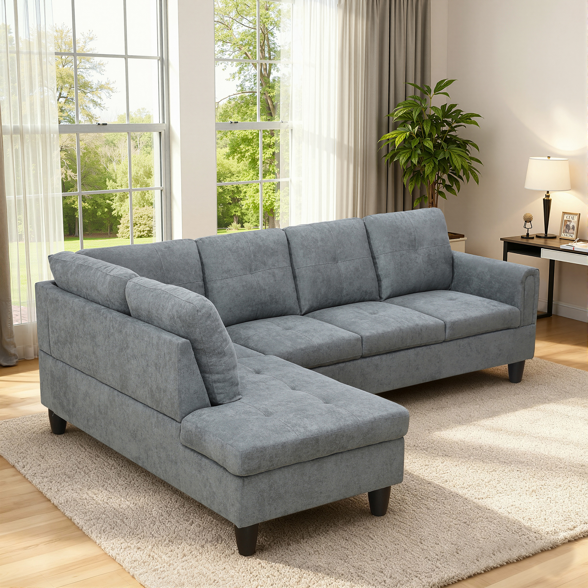 MAYEERTY 97" Modular Couches Fluffy Fabric Sectional Sofa Set for Living Room with Reversible Chaise without Ottoman, Dark Grey (Right)