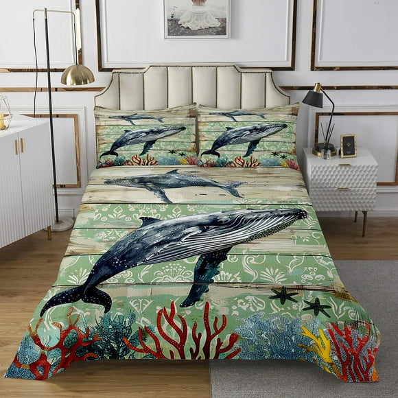 Whale Quilt Set Nautical Sea Animal Bedspread Set Twin,Coastal Coverlet Set Vintage Cabin Quilted Beach Ocean Decor
