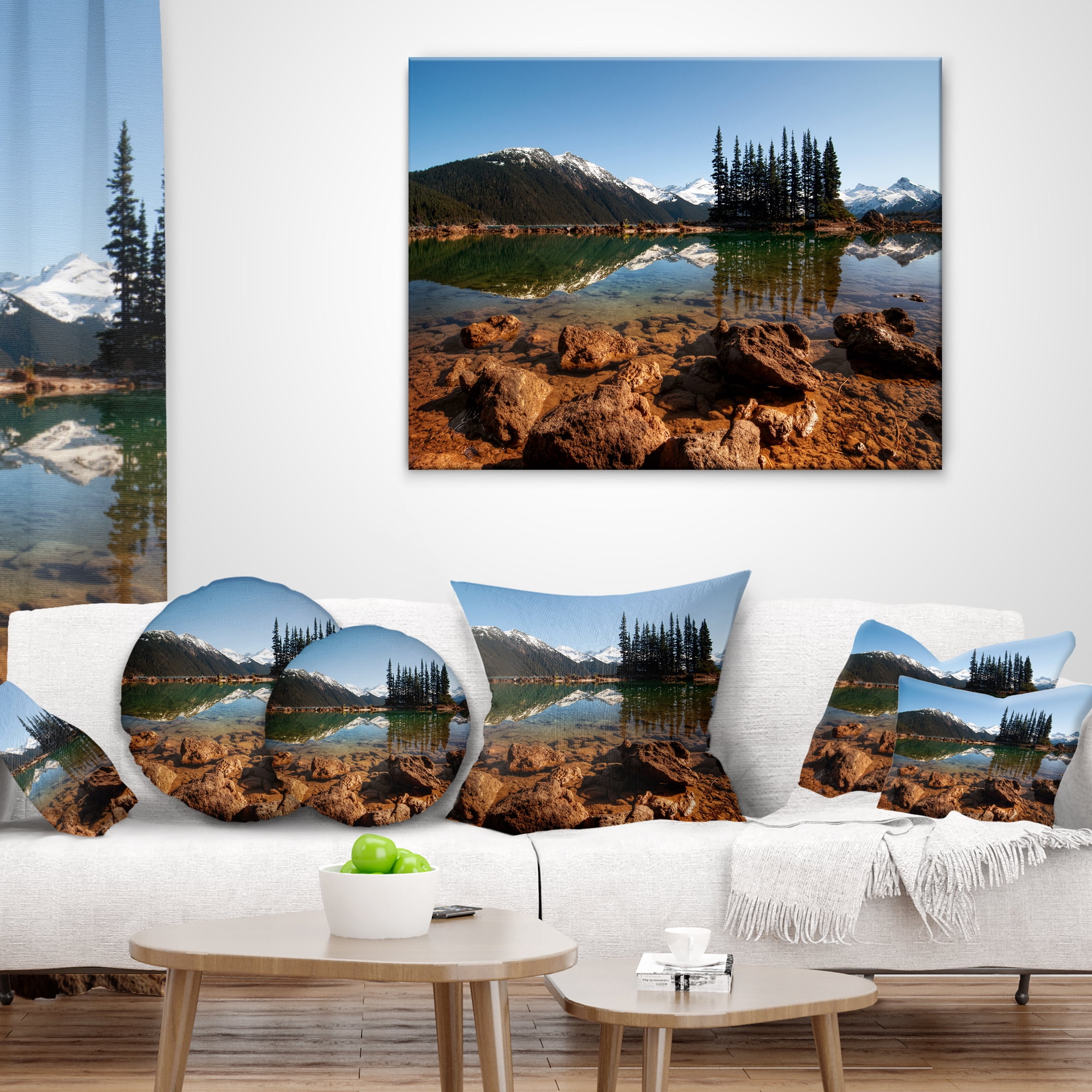 Designart Beautiful Clear Lake with Pine Trees - Landscape Printed Throw Pillow - 16x16