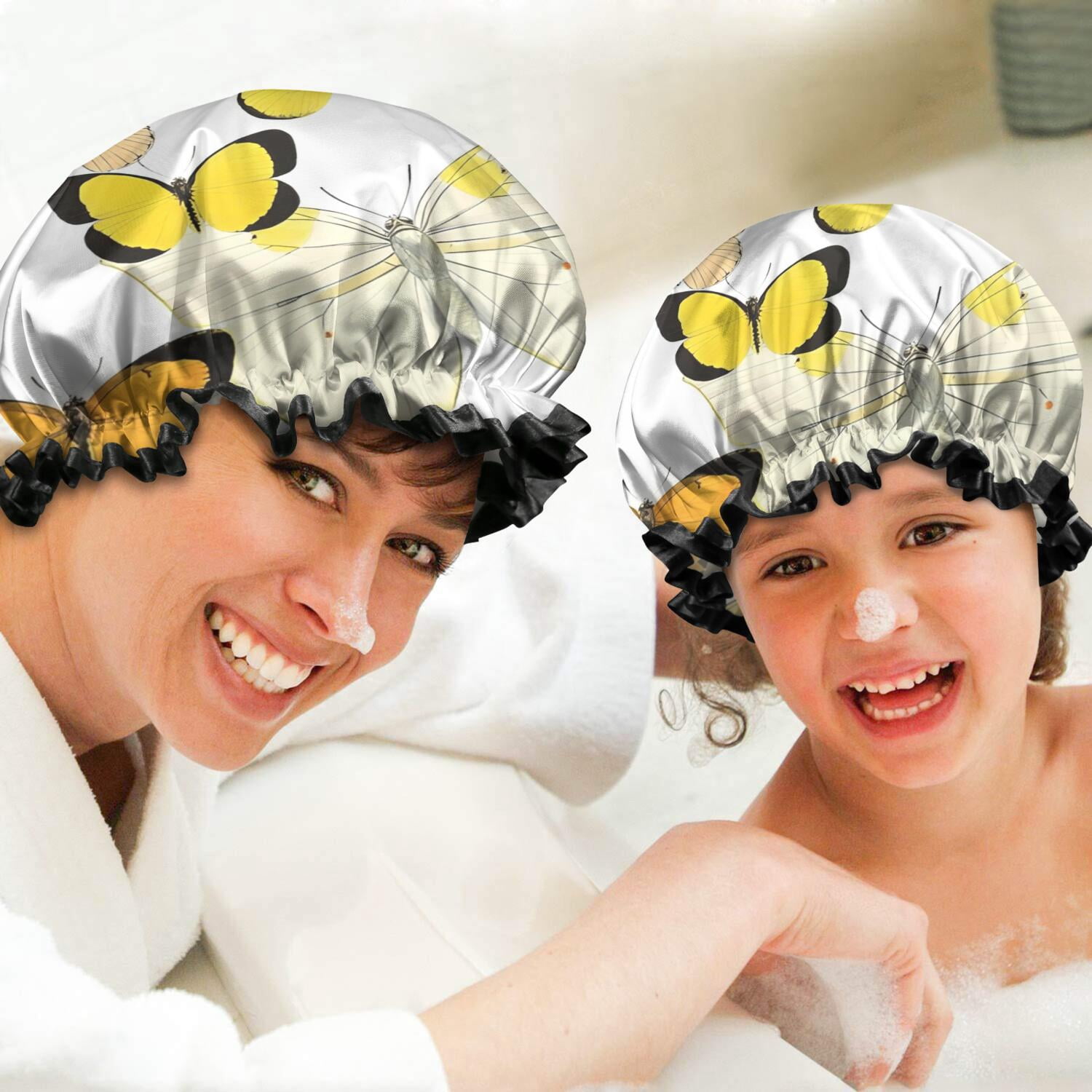 Shower Caps,Yellow Butterfly Pattern Waterproof Shower Cap for Women 4 Pieces,Double Reusable Hair Cover for Shower PEVA Elastic Stretch Hem