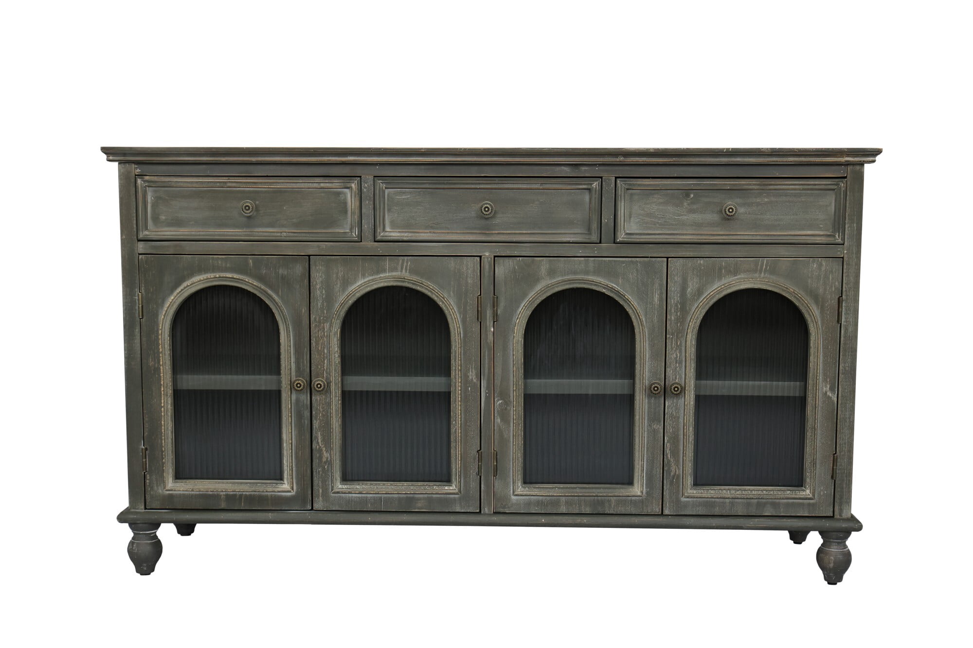 AENKYO 59" Farmhouse Sideboard Buffet, Distressed Wood Credenza with 3 Drawers & 4 Fluted Glass Doors, Gray