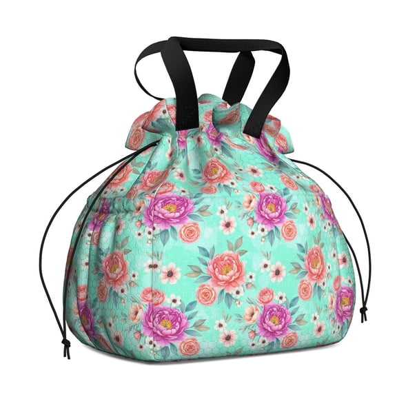 Pioneer Flower Floral Print Pattern Drawstring Lunch Bag Women - Drawstring Lunch Bag Insulated for Work Office - Stain-Resistant Large Lunchbags for Women with Multi-Pockets