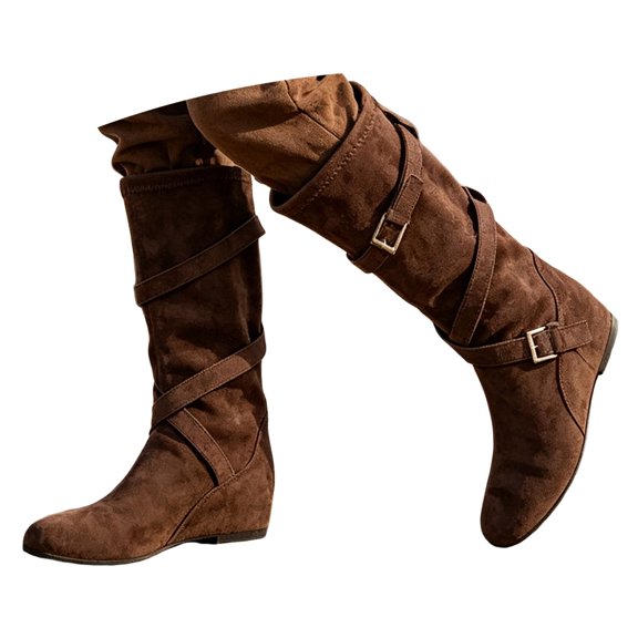 Flat Mid Calf Boots With Strap Buckle Design for Women Suede Heel Pull-On Closed Toe Casual Winter