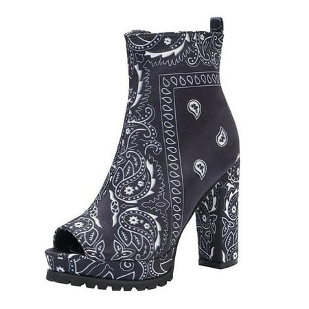 

Women Fall Fashion Lug Sole Ankle Boots Open Toe Platform Chunky Heel Tie-dye Casual Short Booties