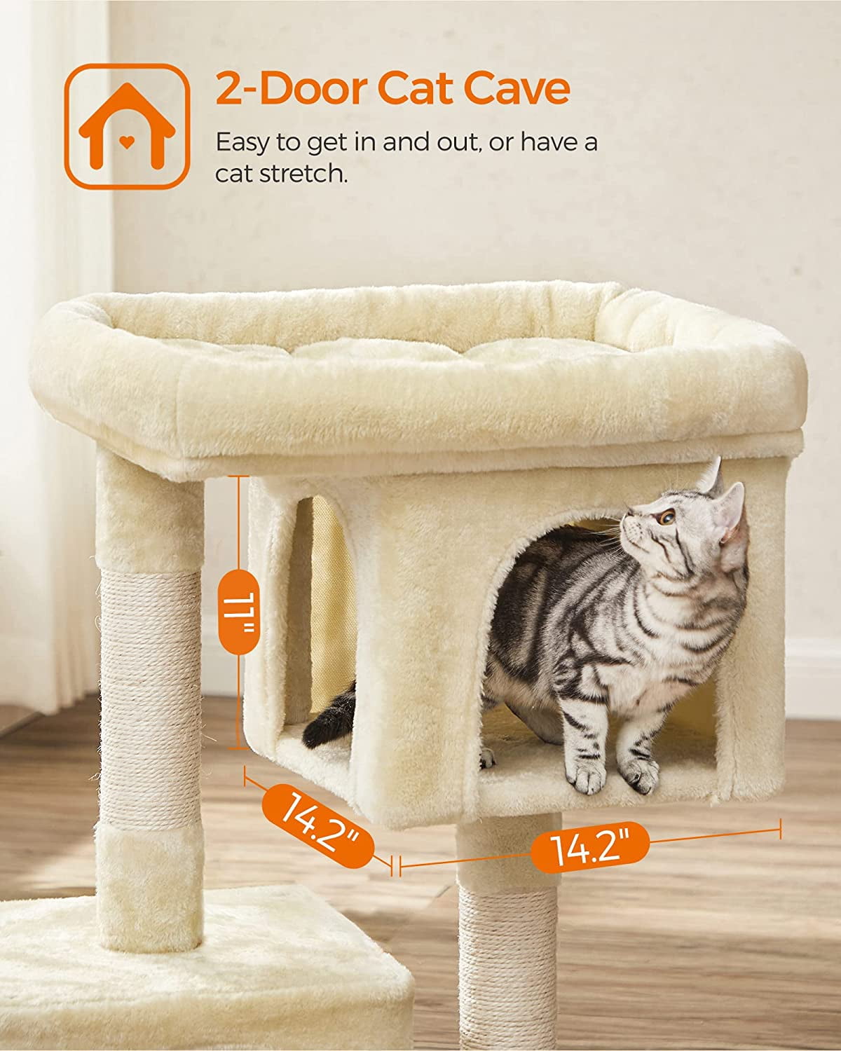 Cat Tree 33.1-Inch Cat Tower for Large Cats up to 16 lb, Large Perch, 2 Cat Caves, Scratching Post, Beige