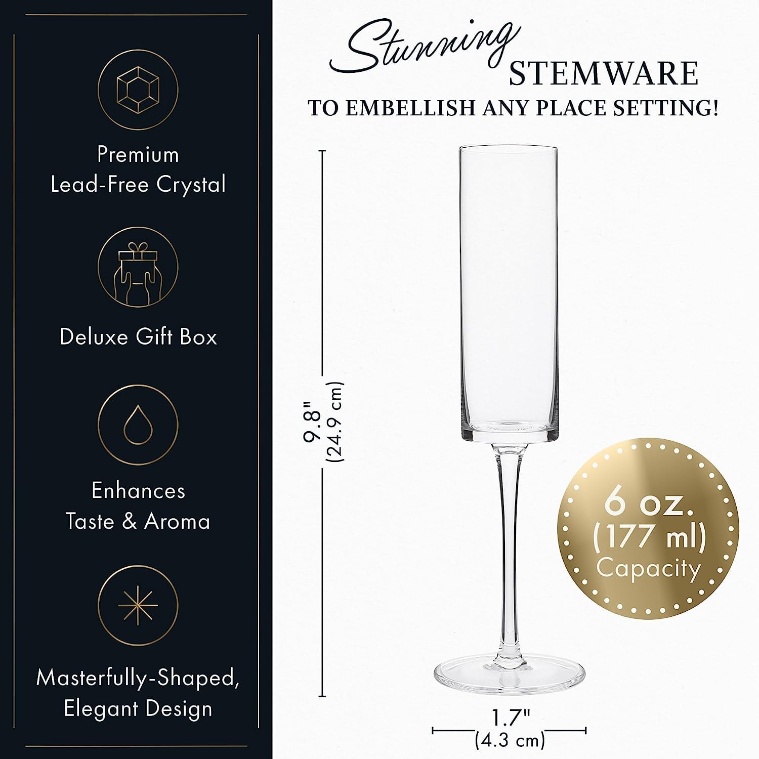 Elixir Crystal Champagne Flutes 6oz x 4, Edge Champagne Glasses