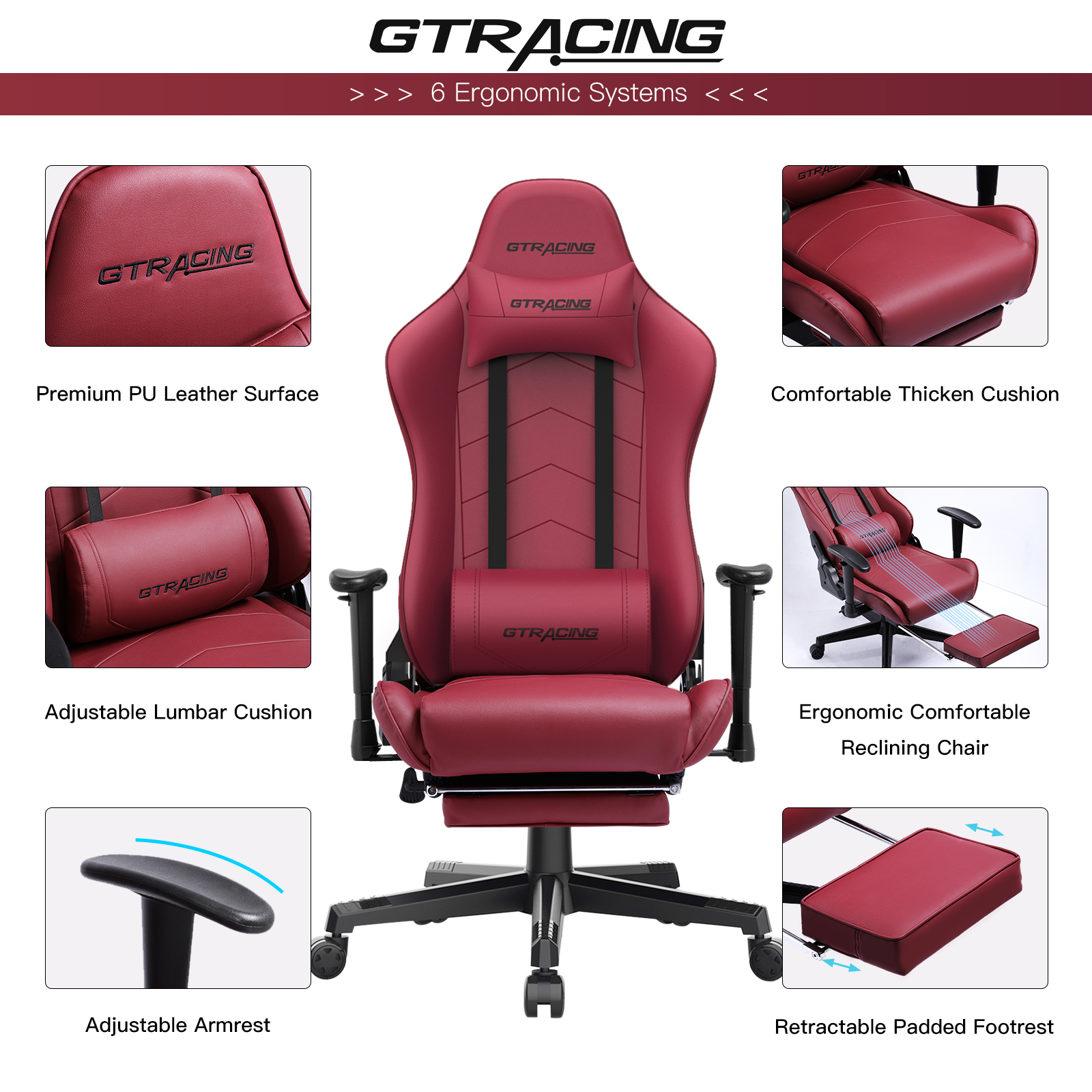 GTRACING Gaming Chair with Footrest Ergonomic Reclining Leather Chair, Dark Red - image 2 of 6