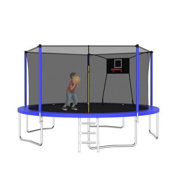 Alvantor Trampoline 14Ft for Kids Age 3-10, Round Trampolines with Basketball Hoop & Enclosure Net for Backyard Yard,Blue