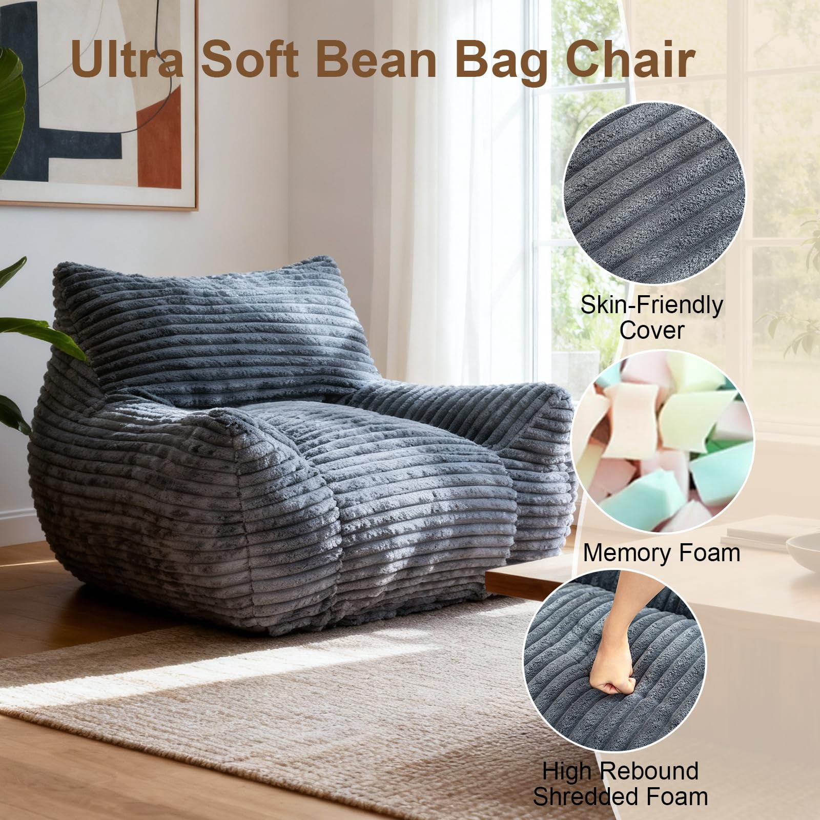 Peispie Giant Bean Bag Chair for Adults, Wide Seat Comfy Corduroy Floor Sofa with Armrests, Shredded Memory Foam Lazy Lounger, Oversized Gaming & Reading Chair for Bedroom 400LBS, Grey