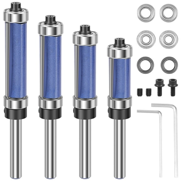 4Pcs Carbide Straight Flush Trim Router Bits 1/4 Inch Shank, Top and Bottom Bearing Flush Trim Cut Router Bits Set for Trimming Woodworking 1/2" Cutting Diameter, 3/4" 1" 1-1/4, 1-1/2" Cutting Length